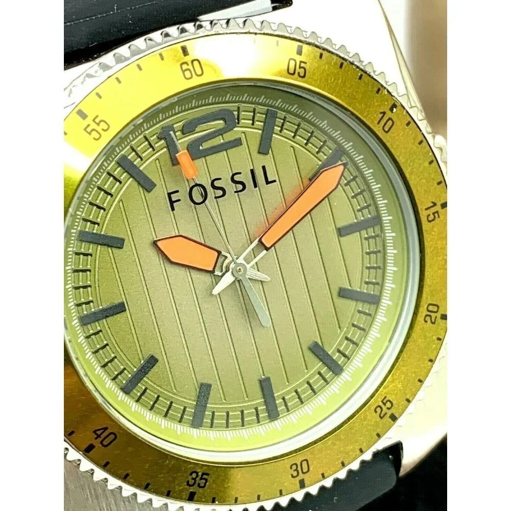 Fossil Men's Watch WB1043 Quartz Green Dial Silver Case 38mm Black Rubber Band